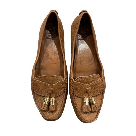 Tory Burch Camel PENNIE LOAFERS Pebble Leather Gold Slip-On Career‎ Womens 9M - Picture 1 of 13